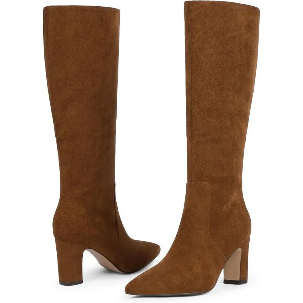 Women Brown Chunky Heel Pointed Toe Side Zipper Fall Dressy Comfortable Boots